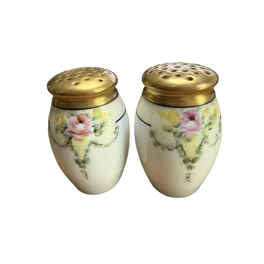 Vintage Porcelain‎ Salt & Pepper Shakers Royal Austria Gold Flowers Hand Painted